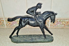 LARGE BLACK RESIN SCULPTURED JOCKEY & RACEHORSE FIGURINE VGC 12"