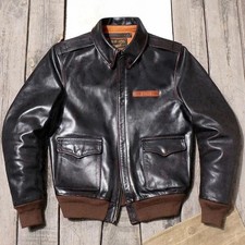 Mens Retro Air Flight Bomber Jacket A2 Tea-Core Cowhide Leather Distressed