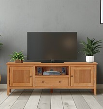 Long TV Stand, Low Media Cabinet with 2 Cupboards and Drawer, Large Oak Enter...