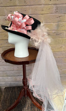 Pretty Black vintage Pink Steampunk Top Hat Feathers Brooch Veil 57cm (32)