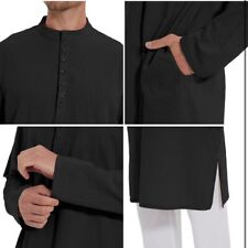 Mens Ethnic Kaftan Moroccan Thobe Cotton Linen Kurta for Men Long Sleeve Islamic