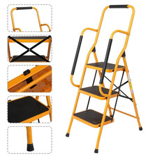 3 Step Ladder With Safety Handrail Foldable Safety Non Slip Matt Safe Heavy Duty