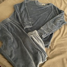 Women’s M&S Loungewear Velour Top and Pants Grey/Blue Foil Polka Dot Size M