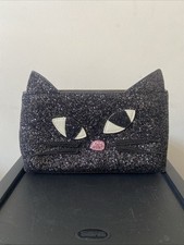 Lulu Guinness Black Sparkly Kooky Cat Zipped Wristlet Evening Bag