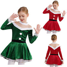Kids Girls Mrs Santa Claus Christmas Costume Velvet Figure Skating Dance Dress