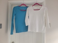 Two Uniqlo Basic Ladies T-shirts Blue & White Size M