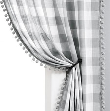 Pom Pom Check Curtains Grey