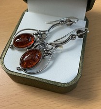 Gorgeous 925 Silver Statement  Art Nouveau Design Amber Drop Earrings