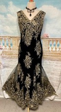 Jacques Vert Maxi Dress 12 14 Black Gold Embroidered Lace Look Gatsby Evening