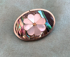 Vintage Mexican Silver Abalone & Mother-of-Pearl Inlay Flower Brooch 3x2cm
