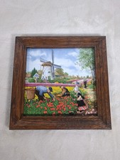 Vintage Holland Royal Schwabap Ceramic Tile Handprinted Windmill Farm Framed 7"