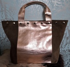 Rox & Ann Women's Tote Bag in Genuine Gold Leather and Brown Suede