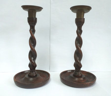 Pair of Vintage Wooden Barley Twist Candlesticks with Brass Tops