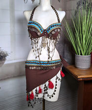 Women Belly Dance Tribal 2 Pieces Set Bronze Chain Tassel Bra + Belt Costume S/M