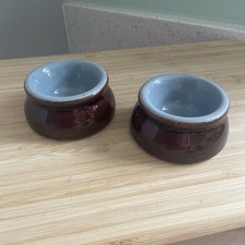 2 DENBY Egg Cups Stoneware Pottery Glazed Brown Blue farmhouse cottage