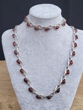 Sterling Silver, Cognac Amber Panel Chain Necklace & Bracelet. Set. Hallmarked