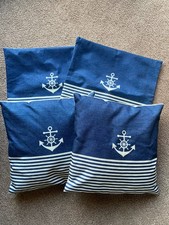 Set of 4 Cushion Covers Nautical Navy & Cream Anchor & Stripes