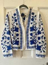 Zara White & Blue Floral Embroidered Cotton Linen Jacket Hippy Boho Size M