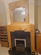 Art Deco Wooden Mantlepiece with Blue Tile Surround, Hearth, and Mirror