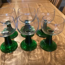 6 Rare Vintage Art Deco Green Beehive Stem Small Goblet, Hock, Sherry Glasses 