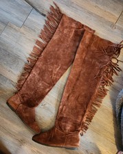tan Y2k suede Boho Moccasin knee boots Tassel Fringed Size 5 