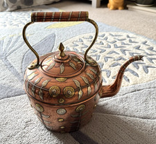 Antique Moroccan Goose Neck Copper Kettle With Brass Nickel Flowers & Leaves