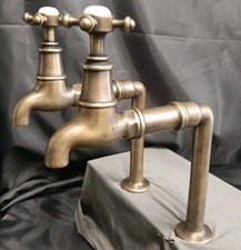 TALL SUPER LONG REACH BARE AGED BRASS BIB TAPS, RECLAIMED 16 CM REACH SPOUT