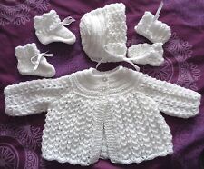 HAND KNITTED BABY GIRLS MATINEE COAT, BONNET, BOOTIES, & MITTEN WHITE IN 2 SIZES