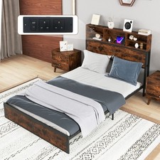 Double Size Heavy Duty Metal Platform Bed with Storage Headboard
