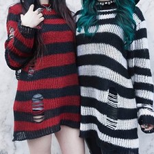 Punk Gothic Jumper Sweater Women Striped Ripped Hole Oversized Long Pullover Top