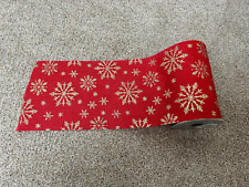 1 metre - Red Hessian style Ribbon Wx14cm, Gold Glitter Snowflake (unwired)