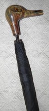Vintage Fulton Black Umbrella Hand Carved Zebrano Duck Head Handle Glass Eyes