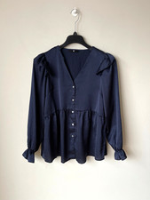 Very Blouse Wrap Shirt Navy Blue Satin Peplum Button Front Longline UK 12 ? NEW
