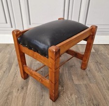 Retro Vintage Solid Wooden Foot Stool - Faux Leather Vinyl - Antique Art Deco
