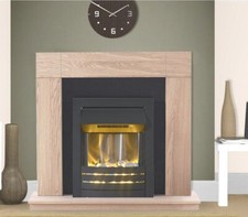 ELECTRIC FIRE OAK FIREPLACE SURROUND BLACK HEARTH BLACK LED STEEL PEBBLES BNIB