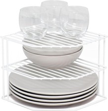 CUPBOARD PLATE RACK FOR 3 TIER WHITE CORNER KITCHEN  SHELF INSERT TIDY ORGANISER