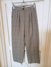 Ladies Beige/Brown/Teal Mix Dogtooth Check Wide Leg TROUSERS ?Size S?