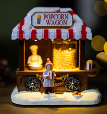Christmas Village Scene Decoration LED Musical Home Decor Popcorn Wagon Light Up