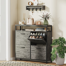Cement Grey Shoe Storage Cabinet, 98x24x95cm, Particle Board & Steel, Modern