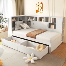 White Single Bed with Trundle Bed Storage Drawers Dust-proof Cabinet Shelves