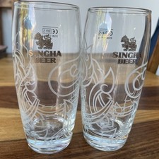 2X Singha Beer Half Pint Lager Glasses White Dragon etched bar pub glass New two
