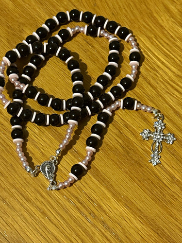 Black pink rosary beads - &,