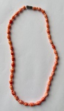 Vintage Salmon Pink Coral Carved Tulip Beaded Necklace C 1920s Barrel Clasp
