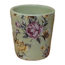 Yankee Candle Green Ceramic Floral Votive Holder 7cm Tall Pink flowers VGC