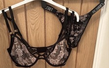 Victorias Secret Unlined Bra Set Size 38DD & Medium Brief Black Floral Diamonte