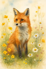 Fox in Wildflowers Watercolour Countryside Poster Print Framed Canvas Wall Art