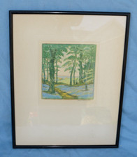 Framed John Hall Thorpe Original Woodblock Print Bluebell Wood Signed in Pencil