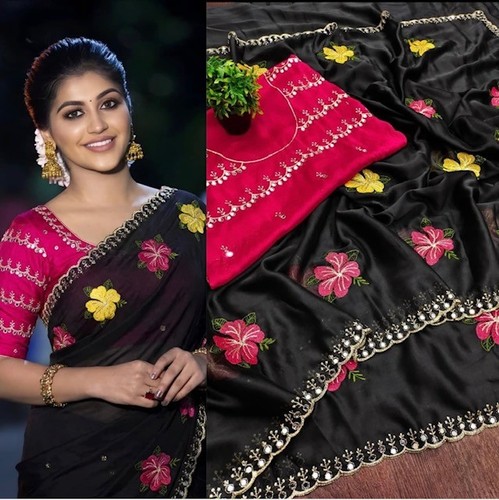 Floral embroiderd silk saree - ,