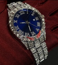 Mens Iced Out Blue Face Watch- Luxury Crystal CZ Bling Stainless Steel Timepiece