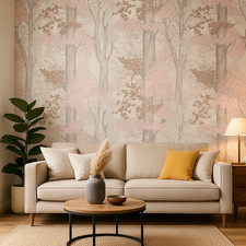 Pink Woodland Forest Wallpaper Tree Design, Tranquil Style 115626
